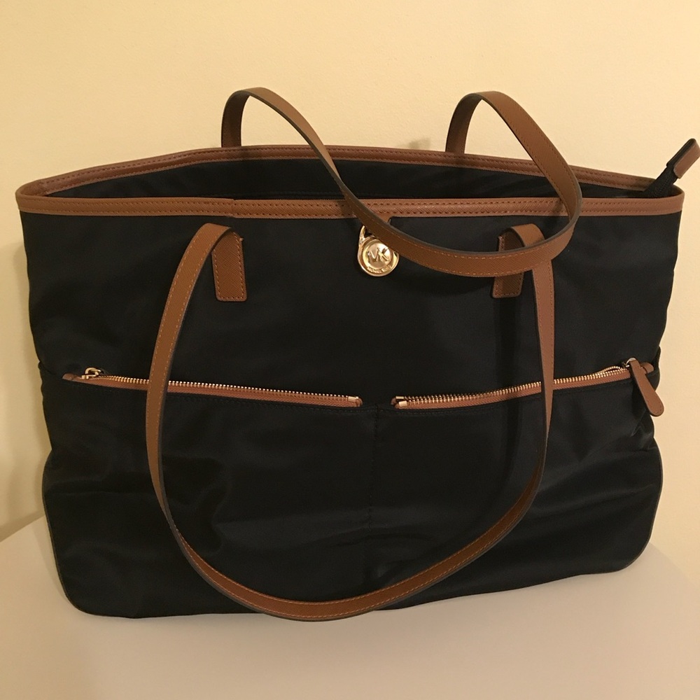 Spacious Black and Brown Tote with Leather Trim